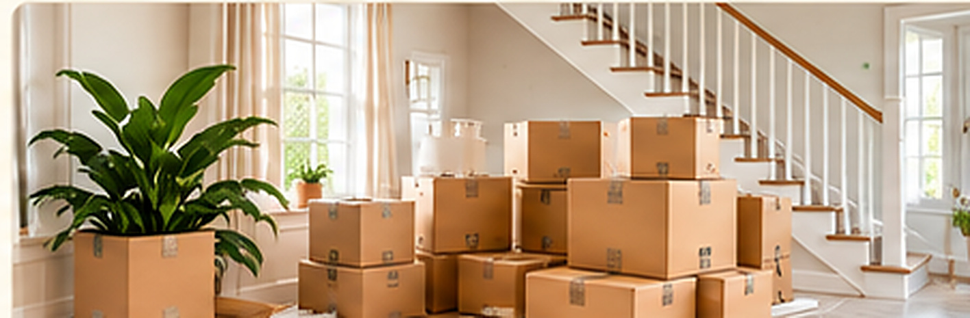 Packed moving boxes in a bright room