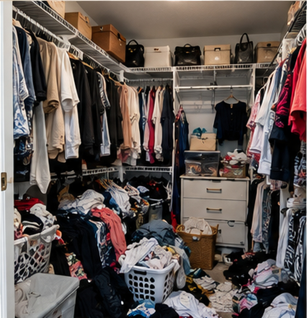 Messy walk in closet before organization