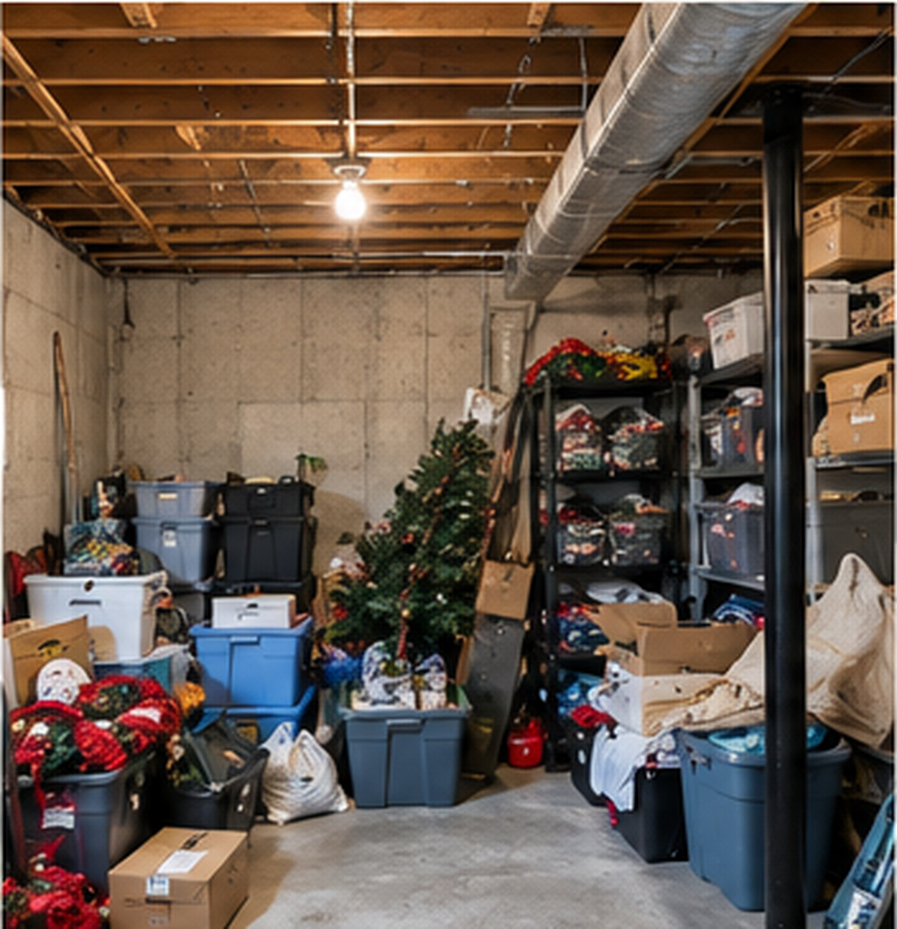 Messy basement storage before organization